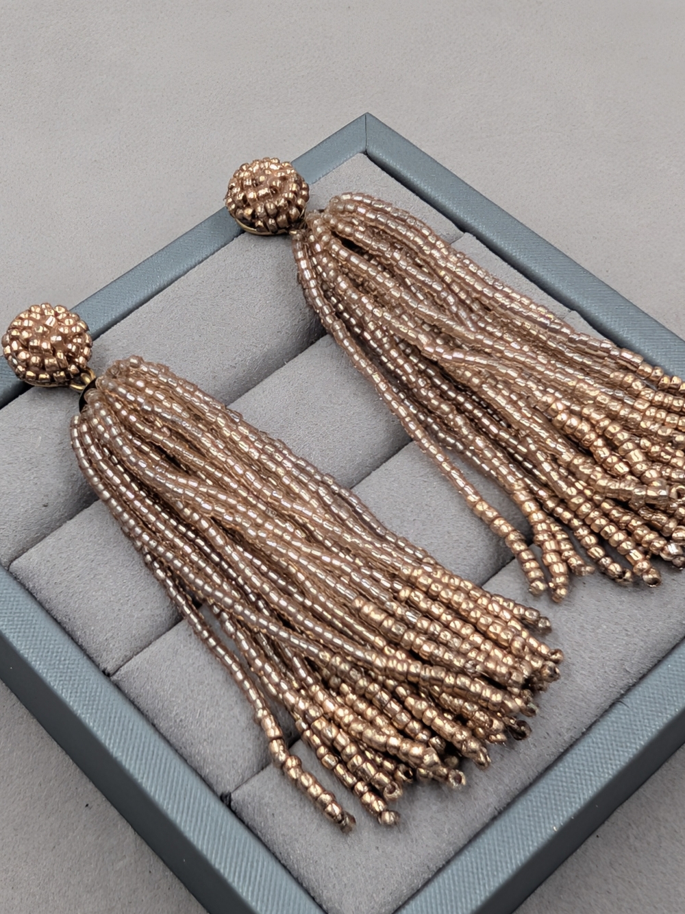 J.Crew Metallic Beaded Tassel Statement Earrings Champagne Bronze | 1039